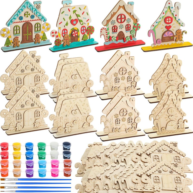 DoubleFill 24 Set DIY Wood Christmas Gingerbread House Paint Craft Kit Unpainted Ceramics Plaster Keepsake with Painting Set for Christmas Holiday Party DIY Art Project Decoration Paint Brushes - Image 1